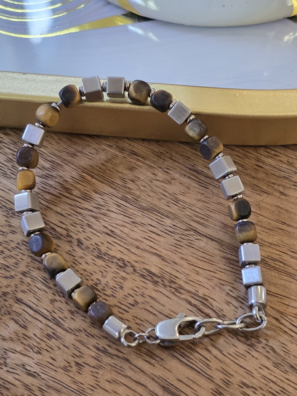 Tiger Eye and Silver Cube Beaded Bracelet